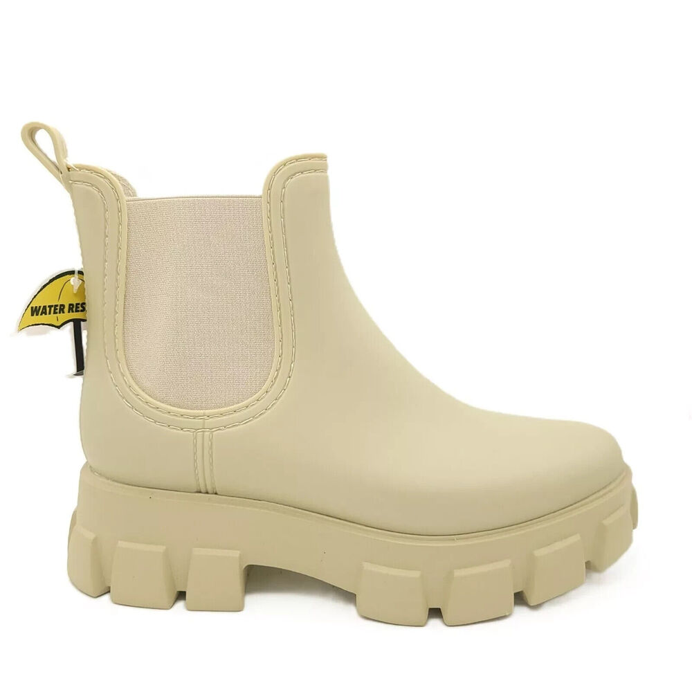 Jeffrey Campbell Pleu Womens 7M Rain Boots Cream Platform Chelsea Waterproof NIB